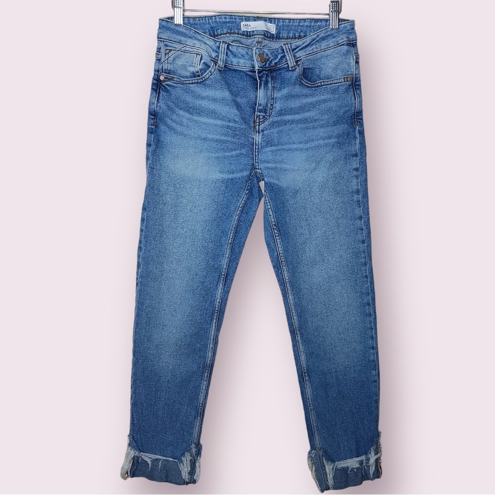 Zara Denim Ankle Cuffed Distressed Midrise Slim Fit Jeans - Picture 1 of 8